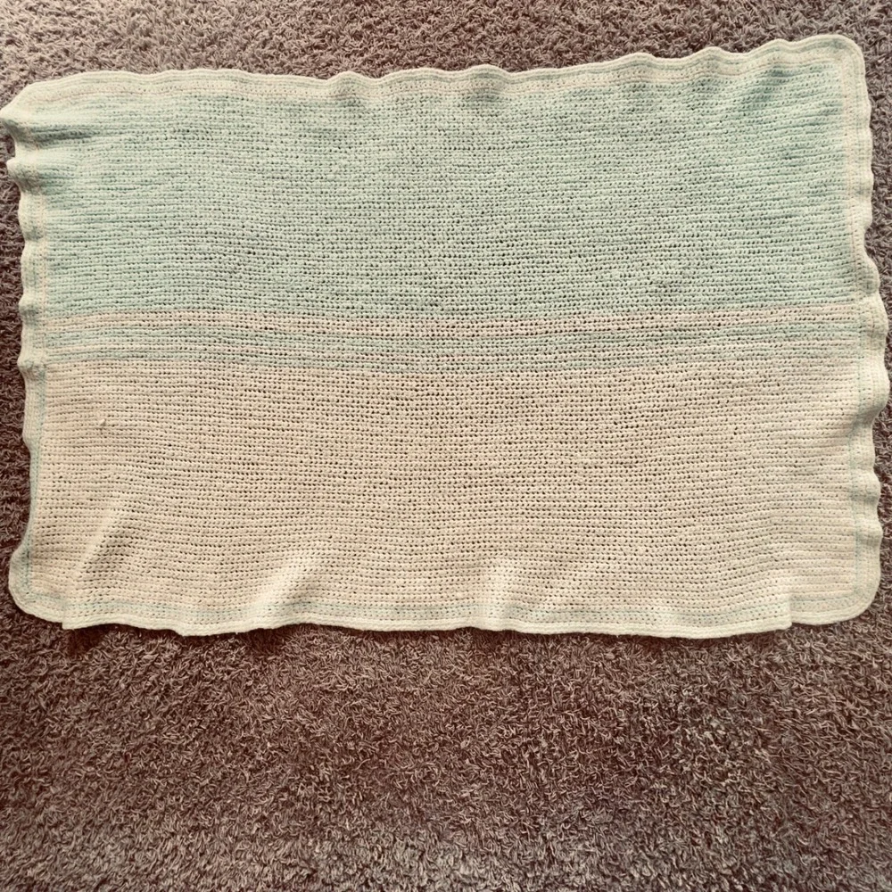 Handmade Crochet Baby Blanket Mint Green Cream Yellow Pastel Nursery Throw 49x33